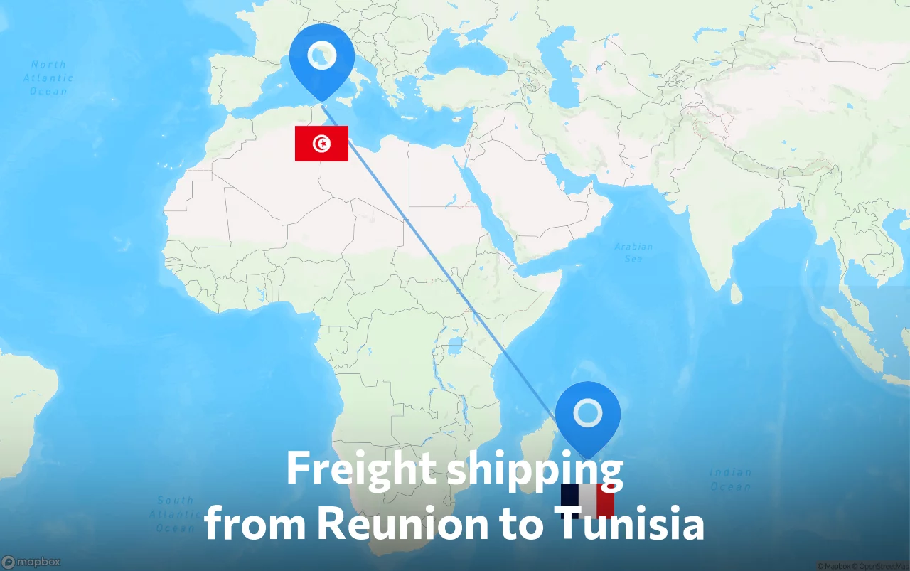 Shipping route from Reunion to Tunisia