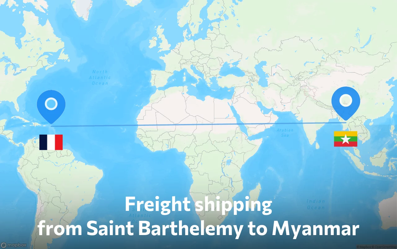 Shipping route from Saint Barthelemy to Myanmar