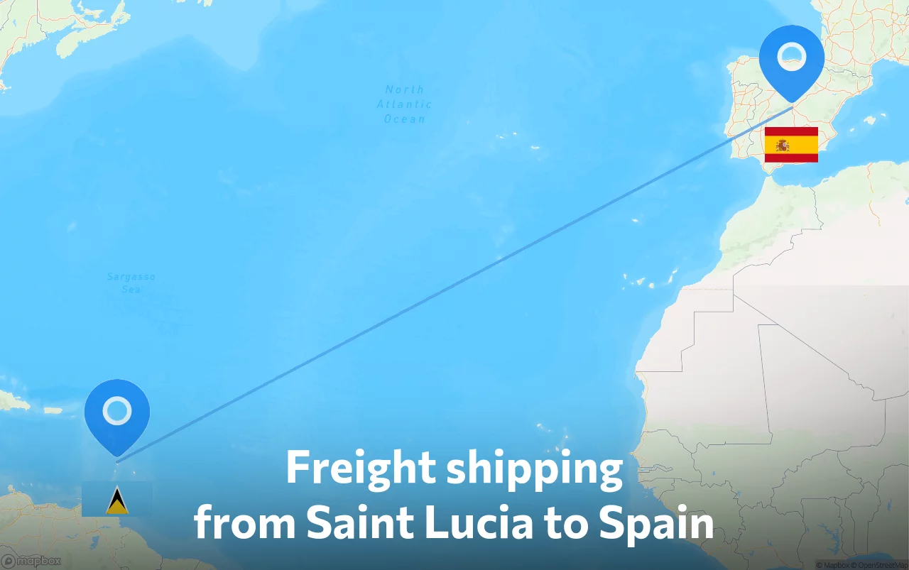 Shipping route from Saint Lucia to Spain