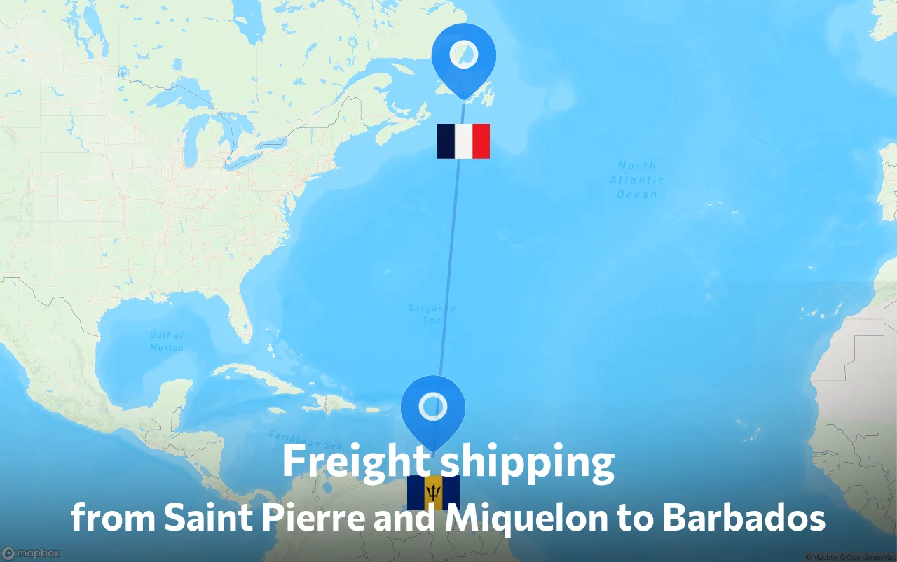 Shipping route from Saint Pierre and Miquelon to Barbados