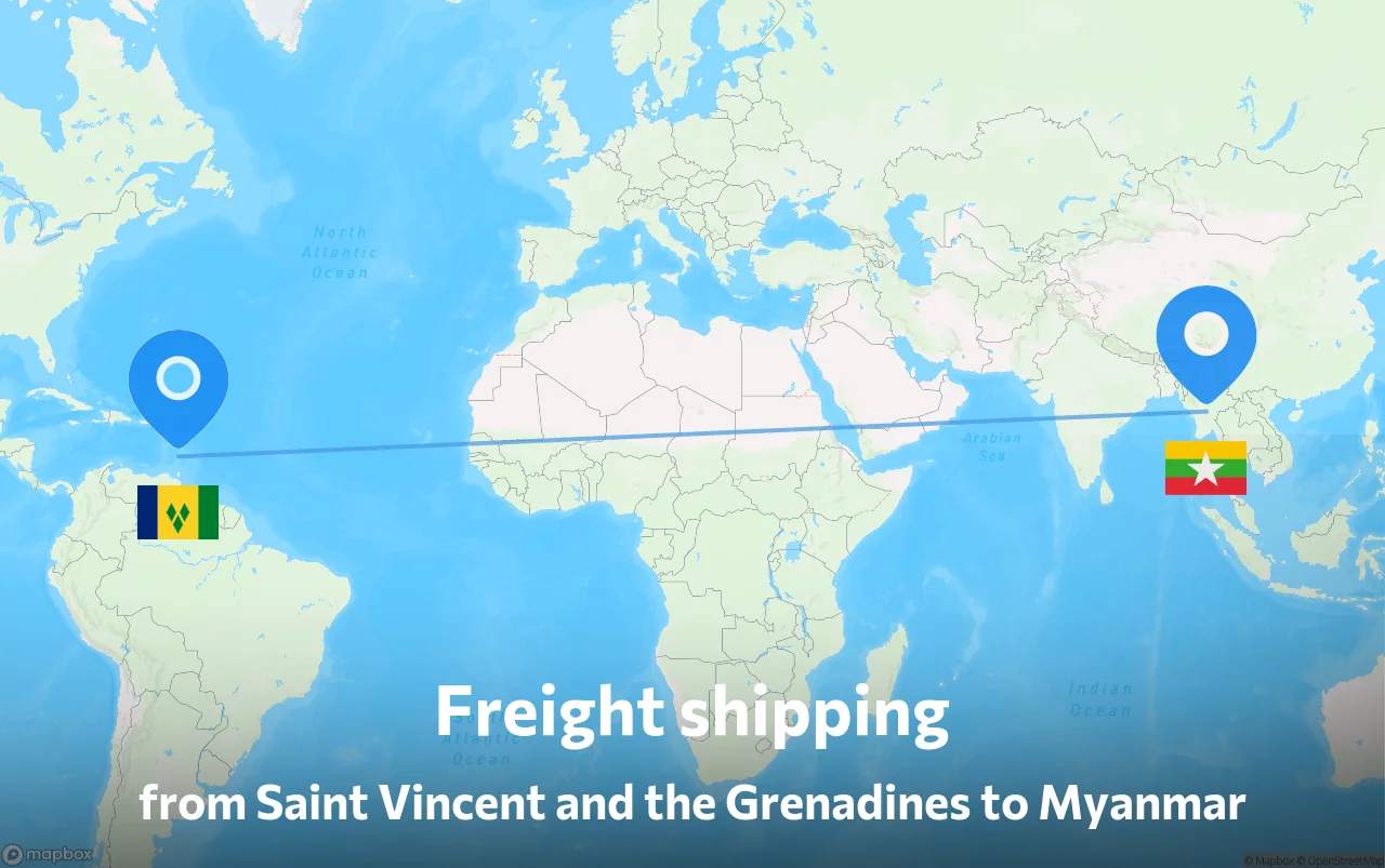 Shipping route from Saint Vincent and the Grenadines to Myanmar