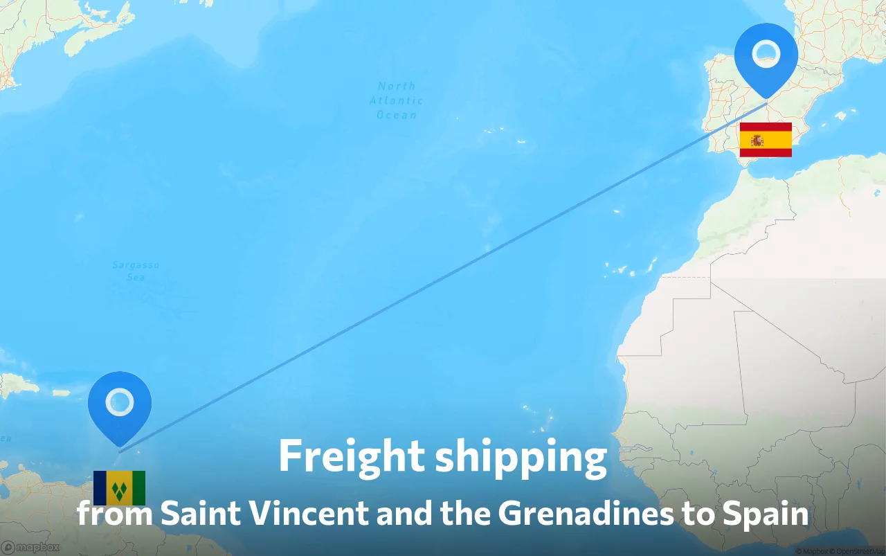 Shipping route from Saint Vincent and the Grenadines to Spain
