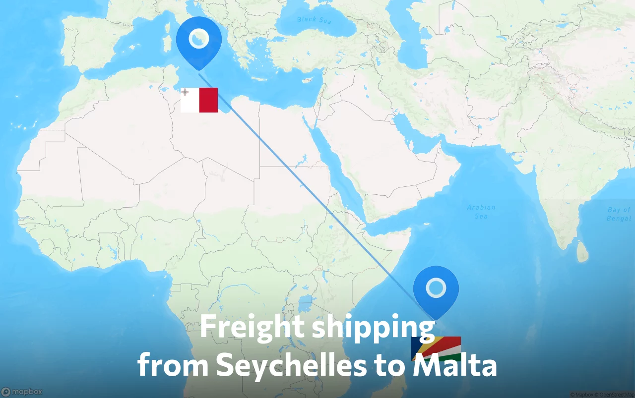 Shipping route from Seychelles to Malta