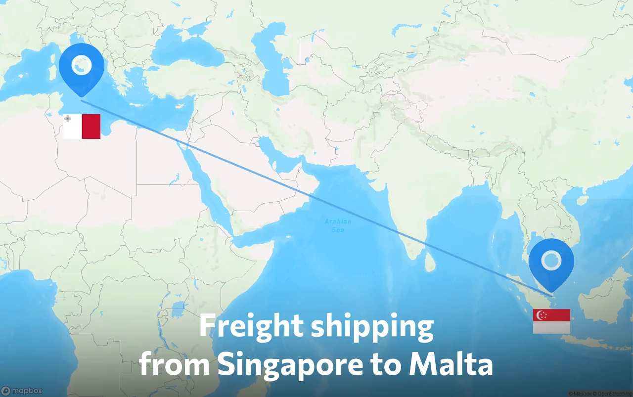 Shipping route from Singapore to Malta
