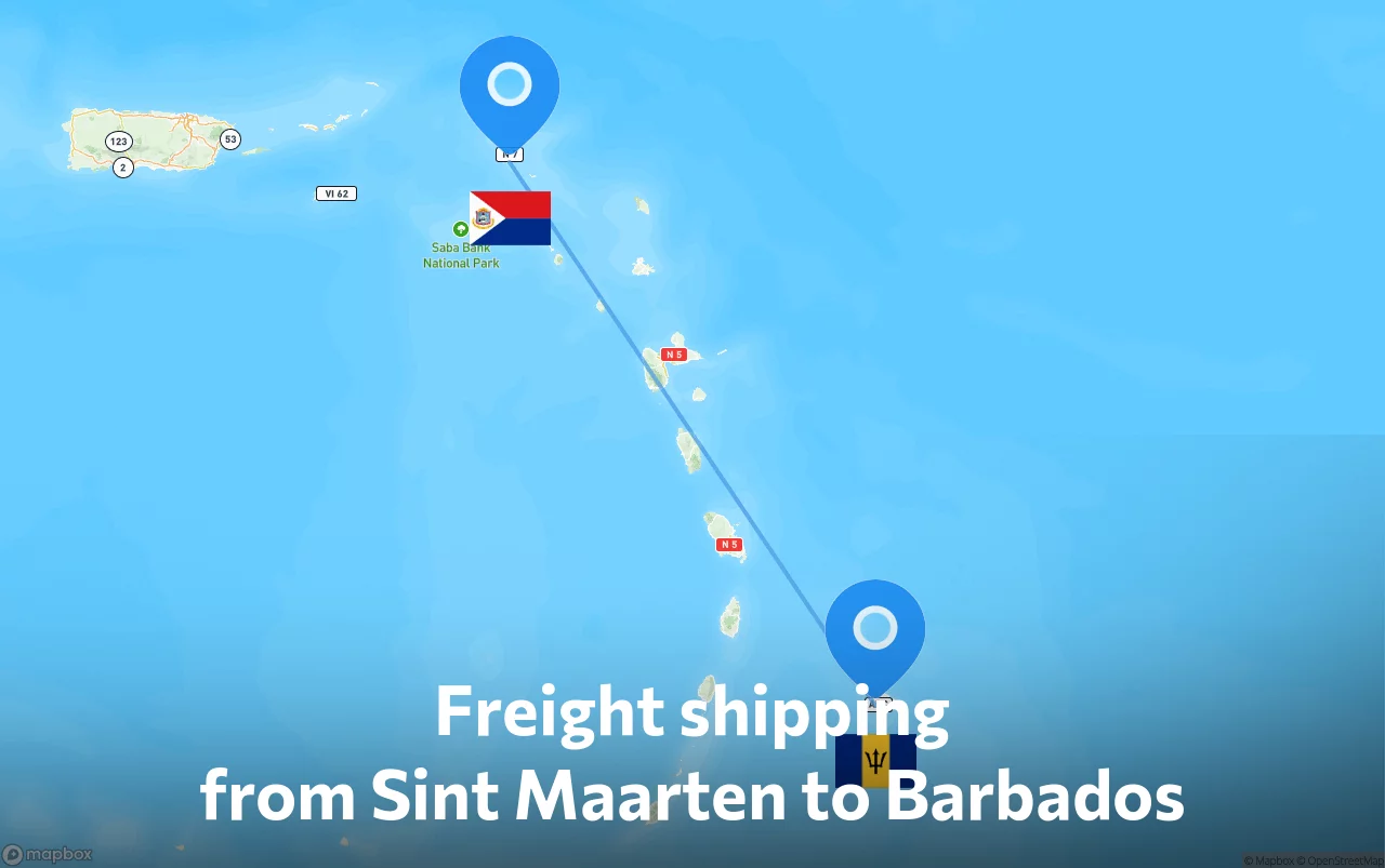 Shipping route from Sint Maarten to Barbados