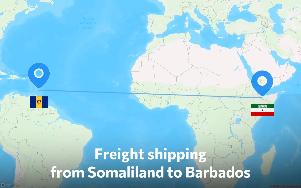 Shipping route from Somaliland to Barbados