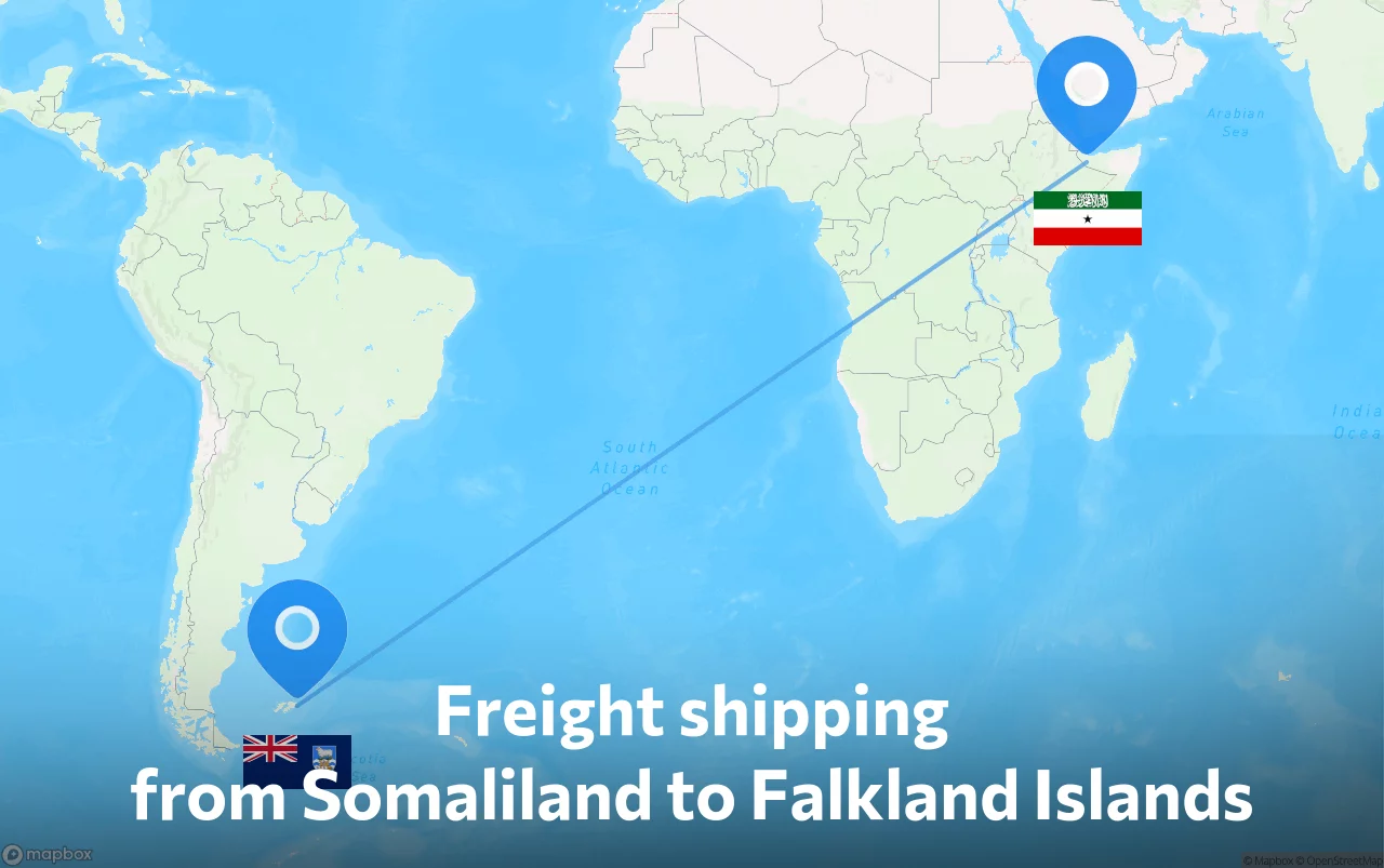 Shipping route from Somaliland to Falkland Islands