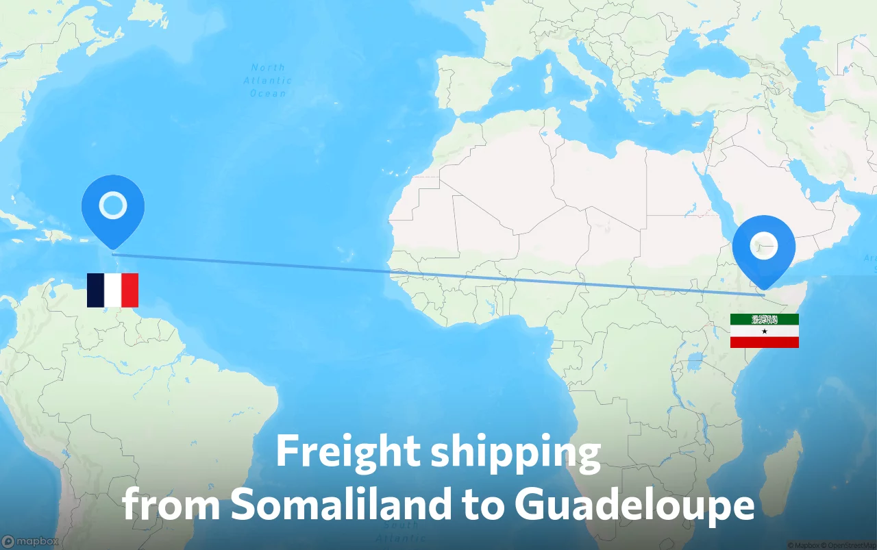 Shipping route from Somaliland to Guadeloupe