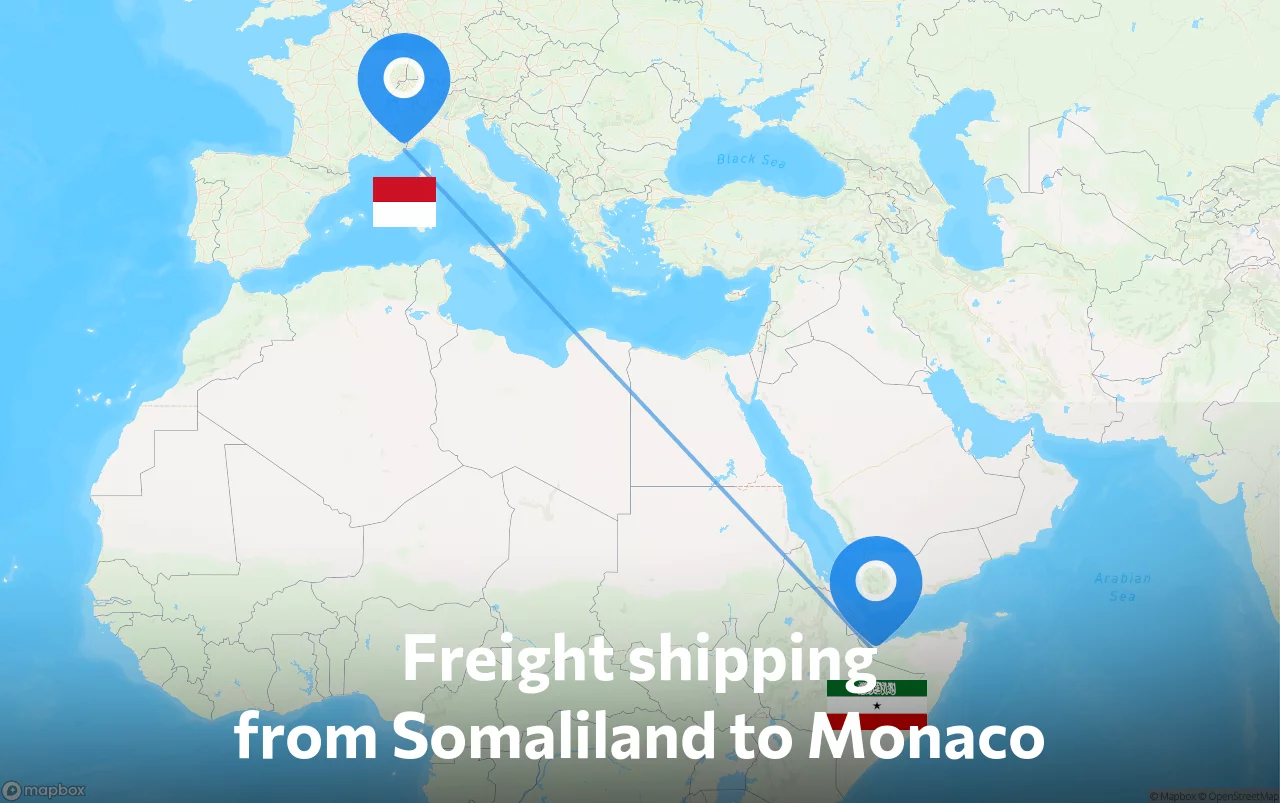 Shipping route from Somaliland to Monaco