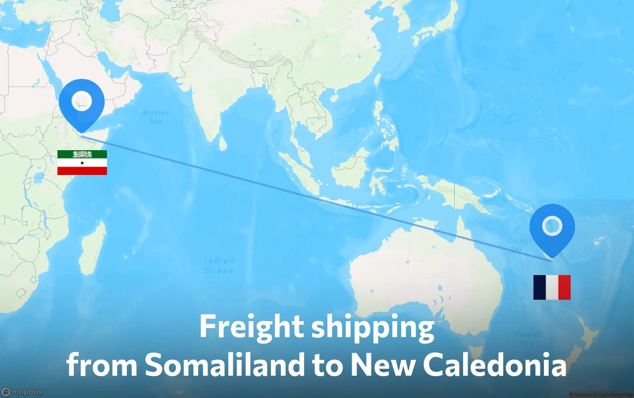 Shipping route from Somaliland to New Caledonia