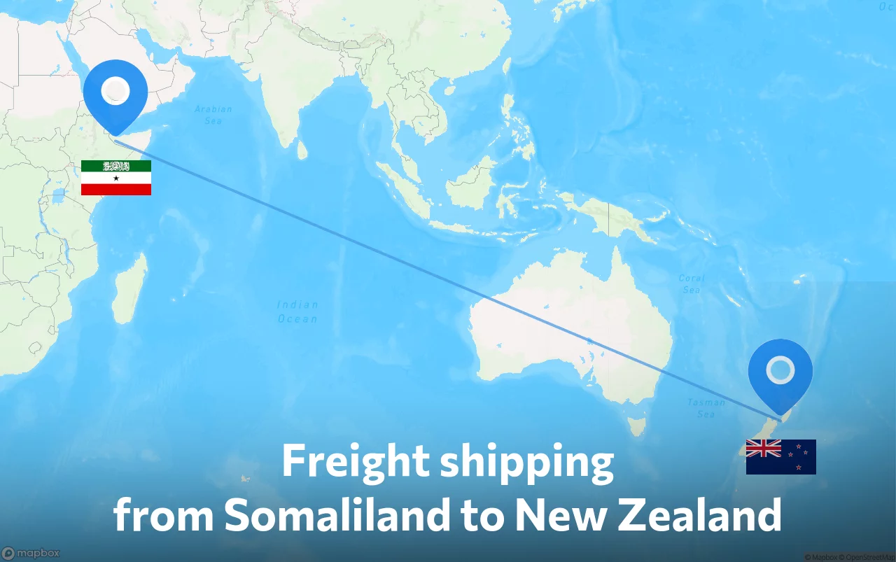 Shipping route from Somaliland to New Zealand