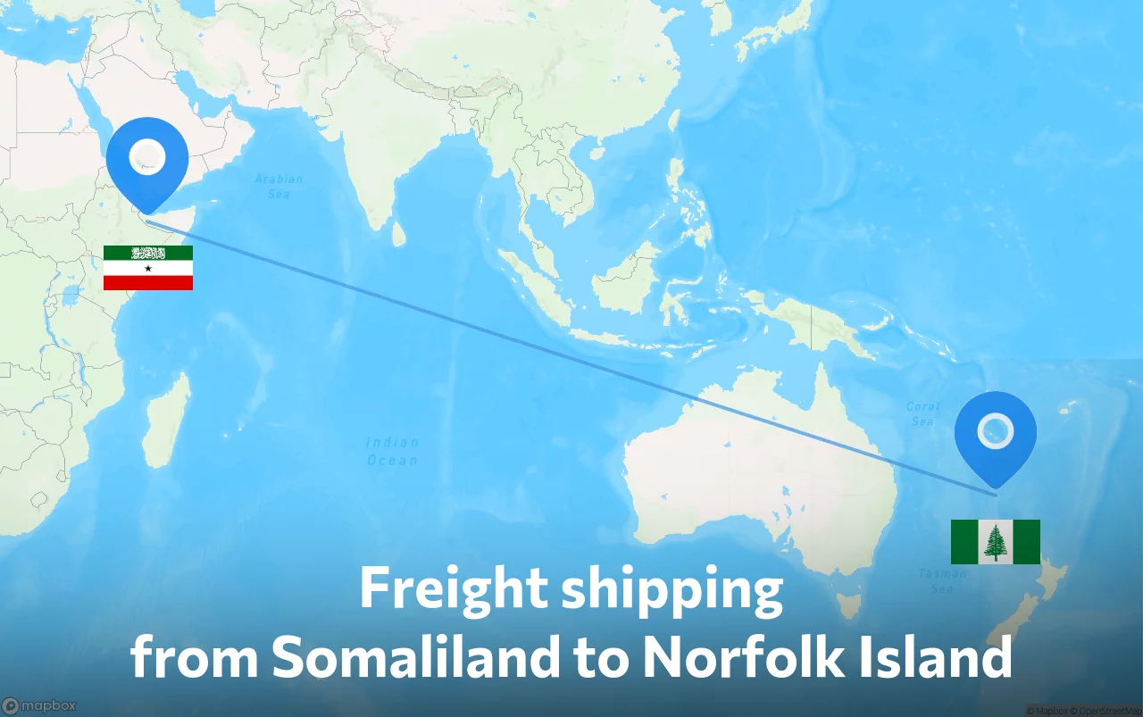 Shipping route from Somaliland to Norfolk Island