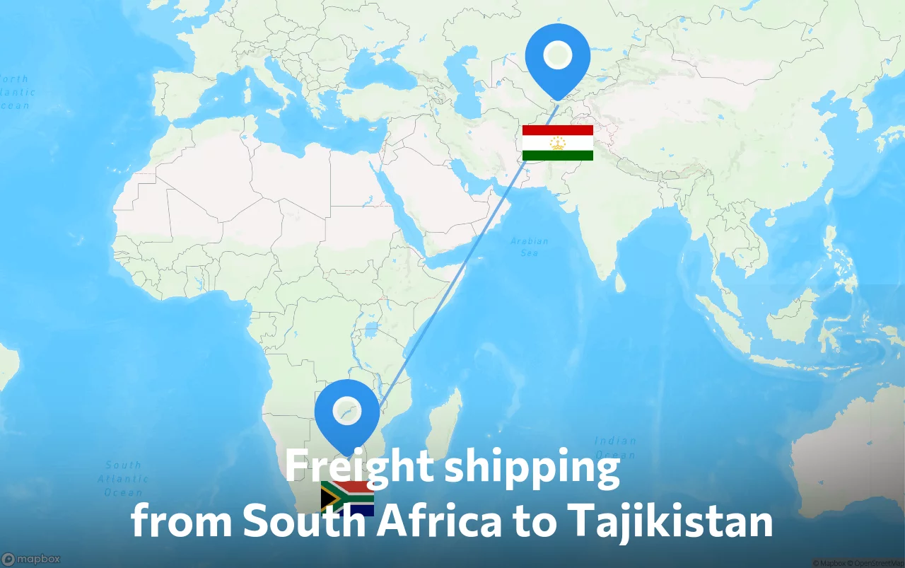 Shipping route from South Africa to Tajikistan