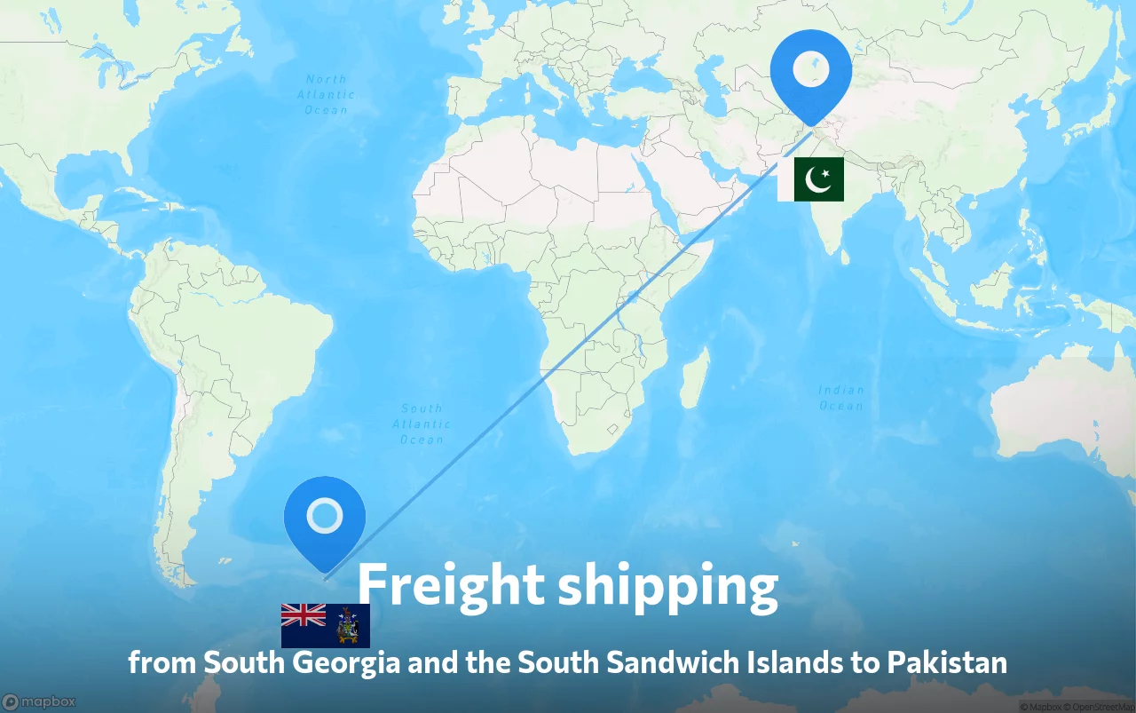 Shipping route from South Georgia and the South Sandwich Islands to Pakistan