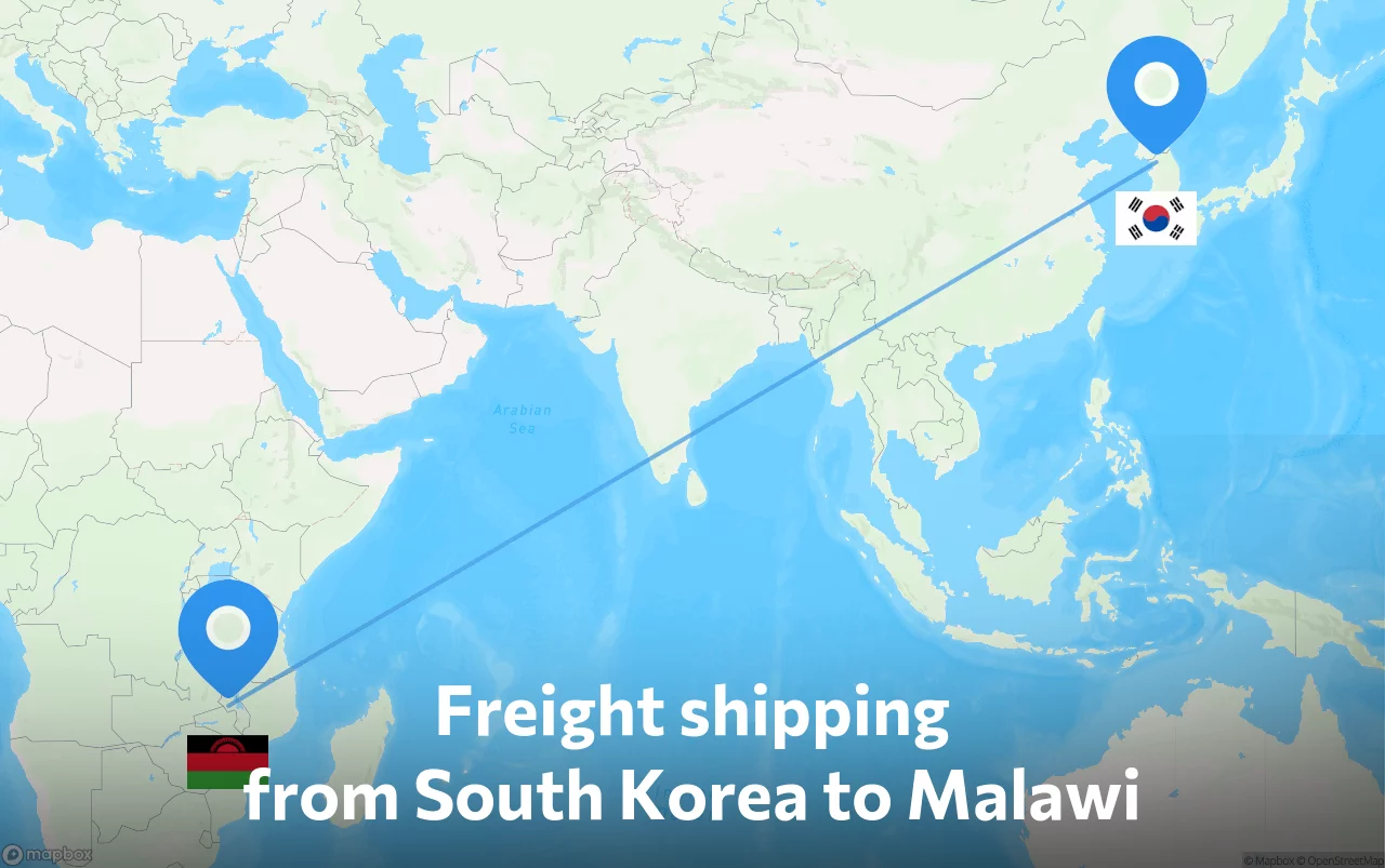 Shipping route from South Korea to Malawi