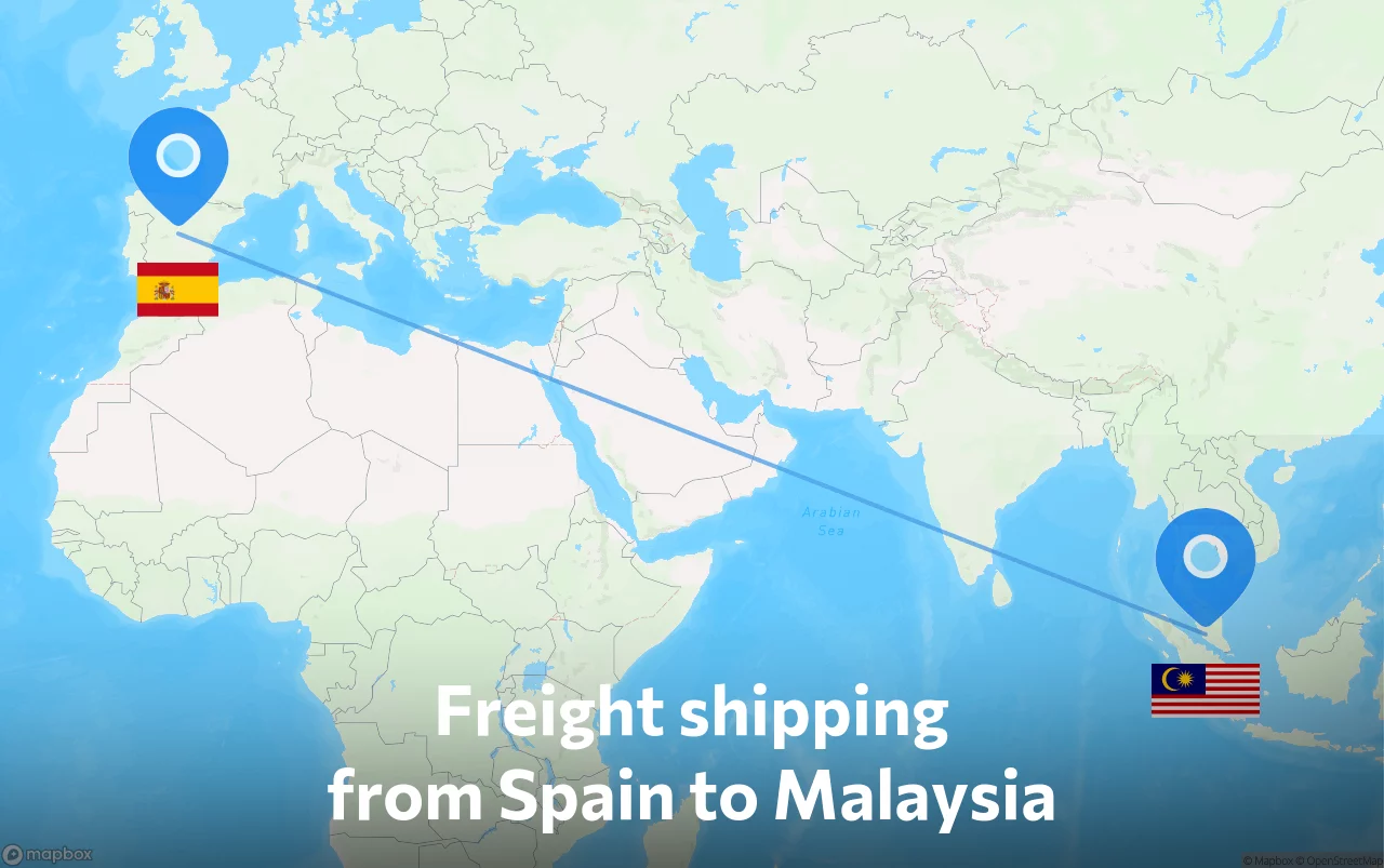 Shipping route from Spain to Malaysia
