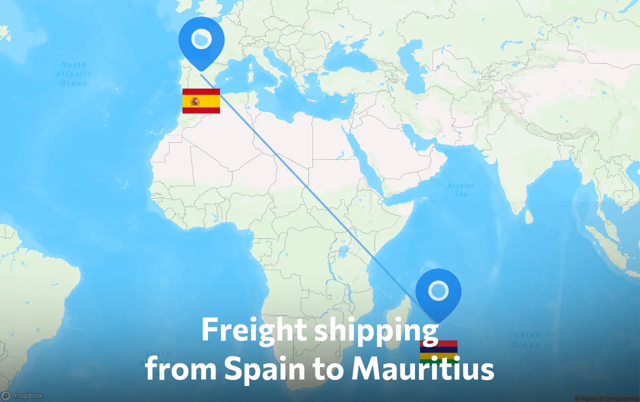 Shipping route from Spain to Mauritius