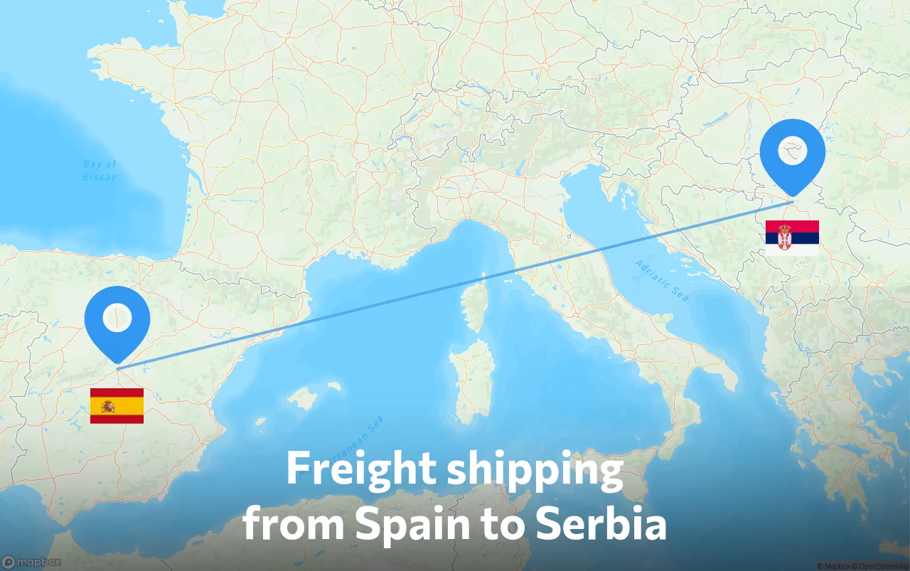 Shipping route from Spain to Serbia