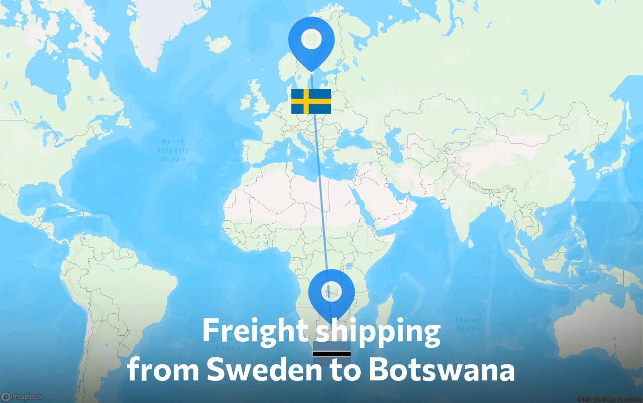 Shipping route from Sweden to Botswana