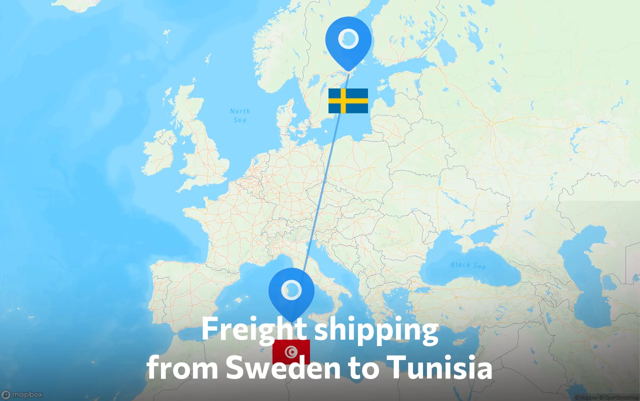Shipping route from Sweden to Tunisia