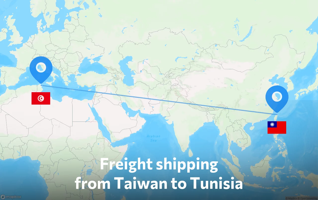 Shipping route from Taiwan to Tunisia