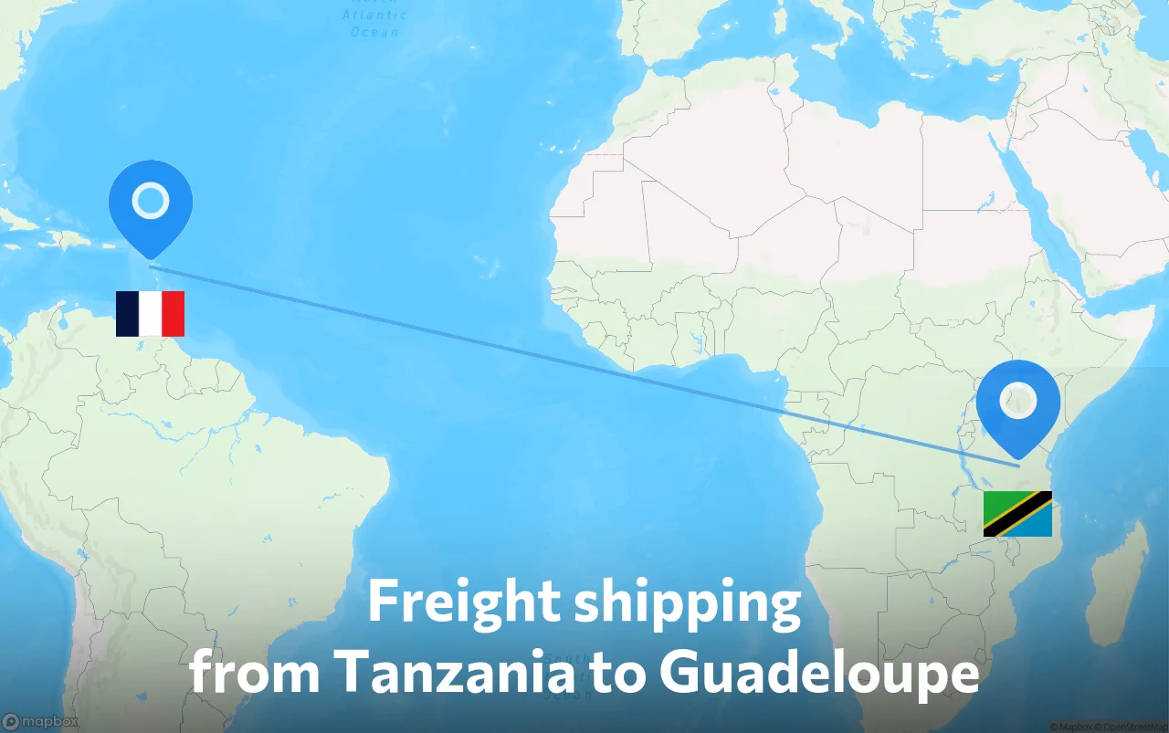Shipping route from Tanzania to Guadeloupe