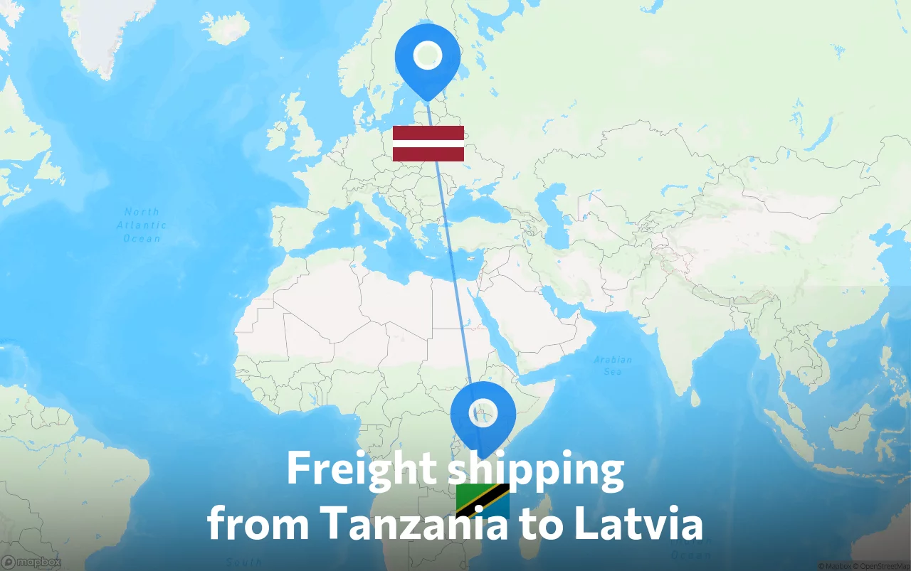 Shipping route from Tanzania to Latvia