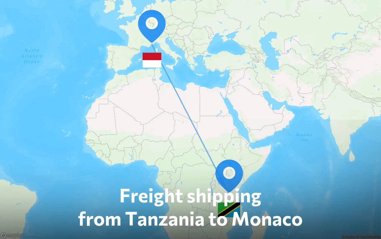 Shipping route from Tanzania to Monaco