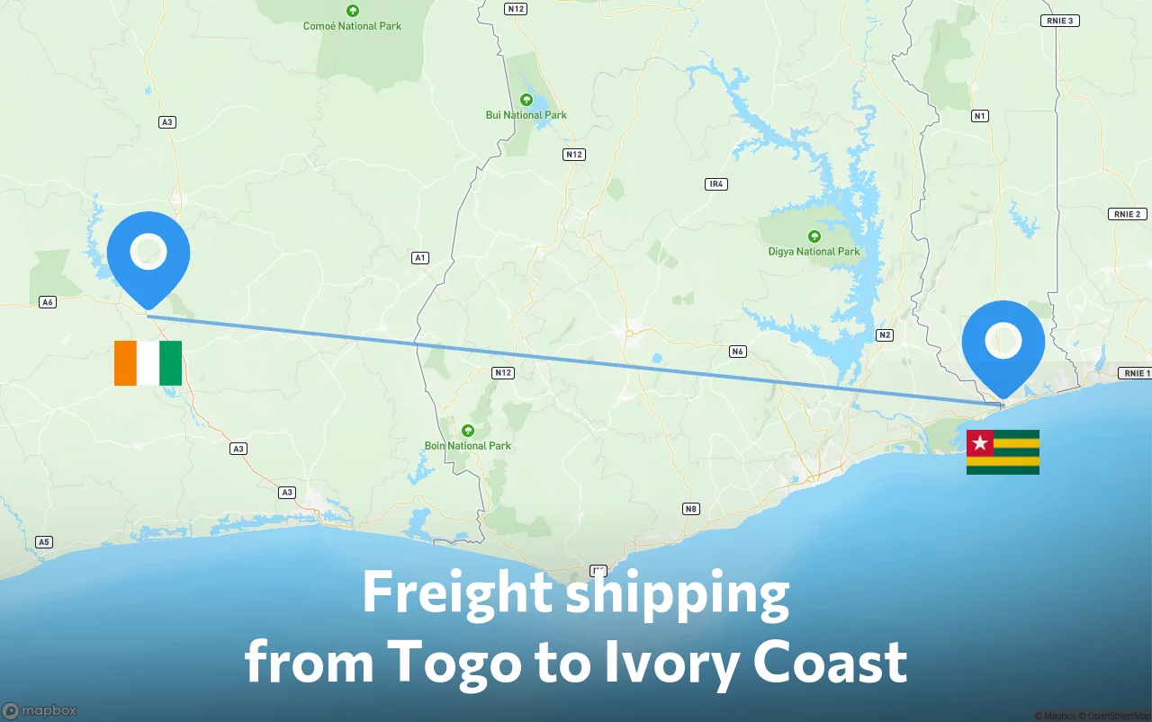 Shipping route from Togo to Ivory Coast