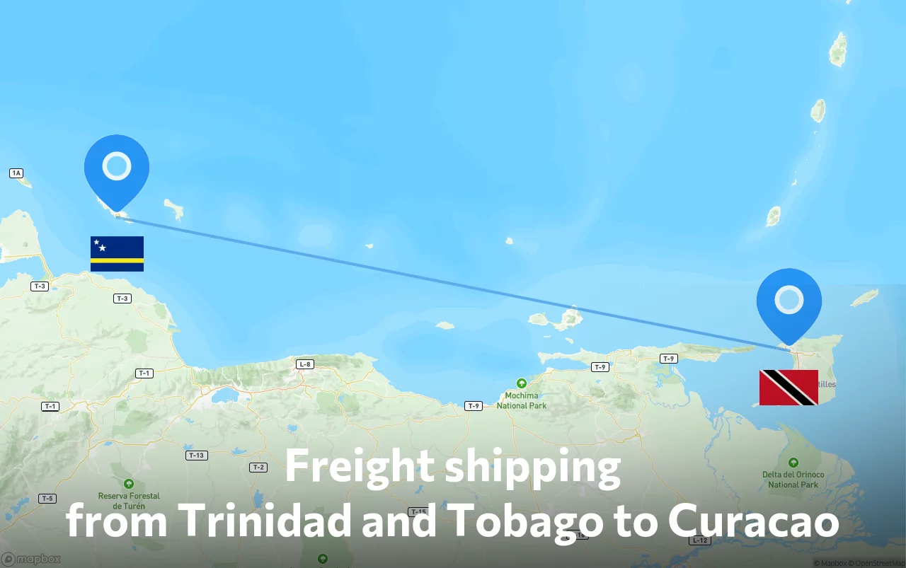Shipping route from Trinidad and Tobago to Curacao
