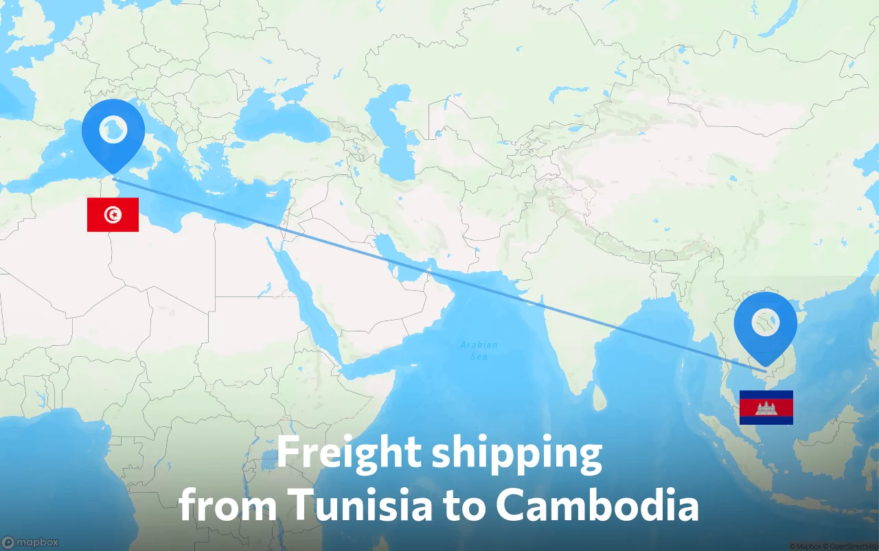 Shipping route from Tunisia to Cambodia