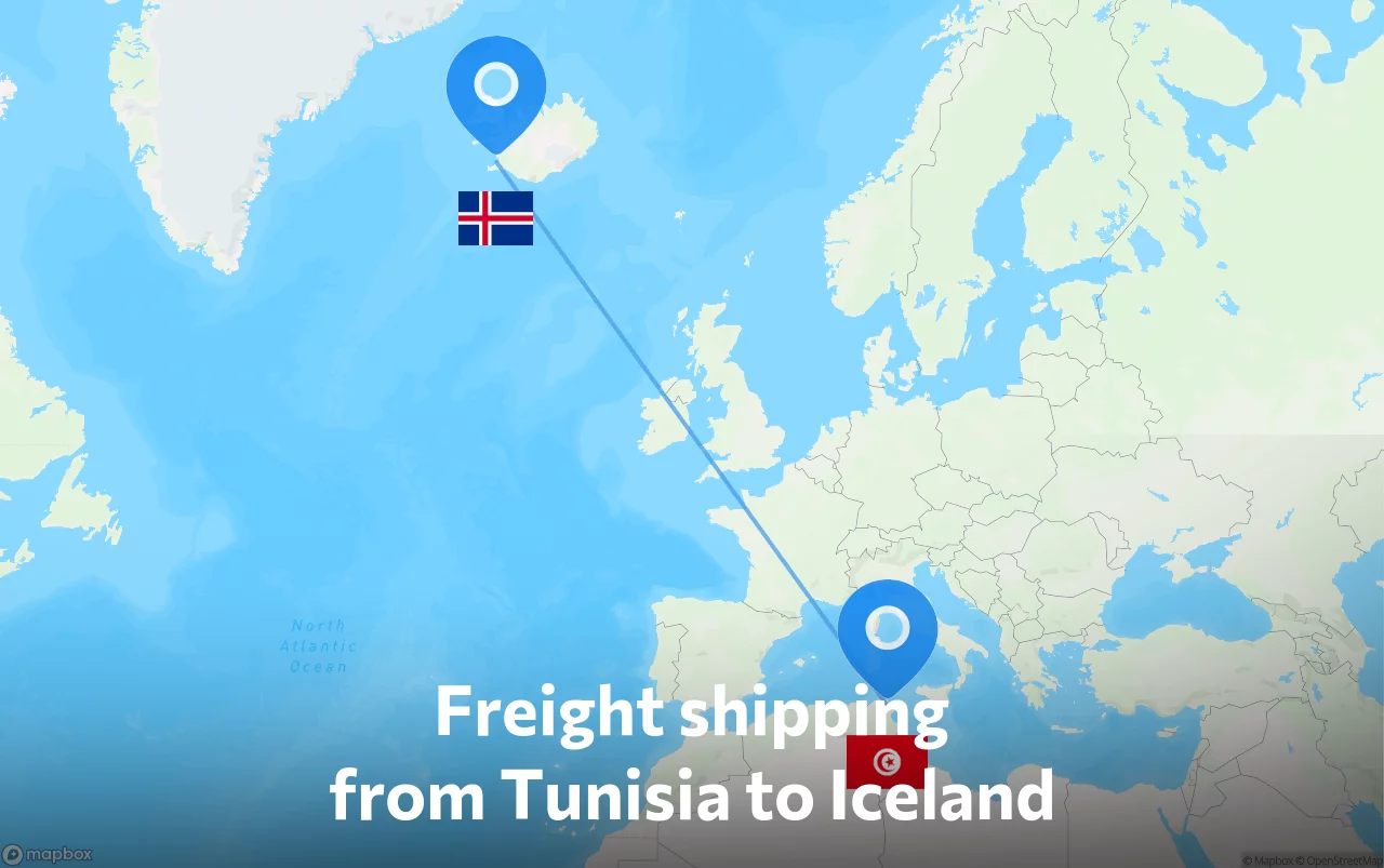Shipping route from Tunisia to Iceland