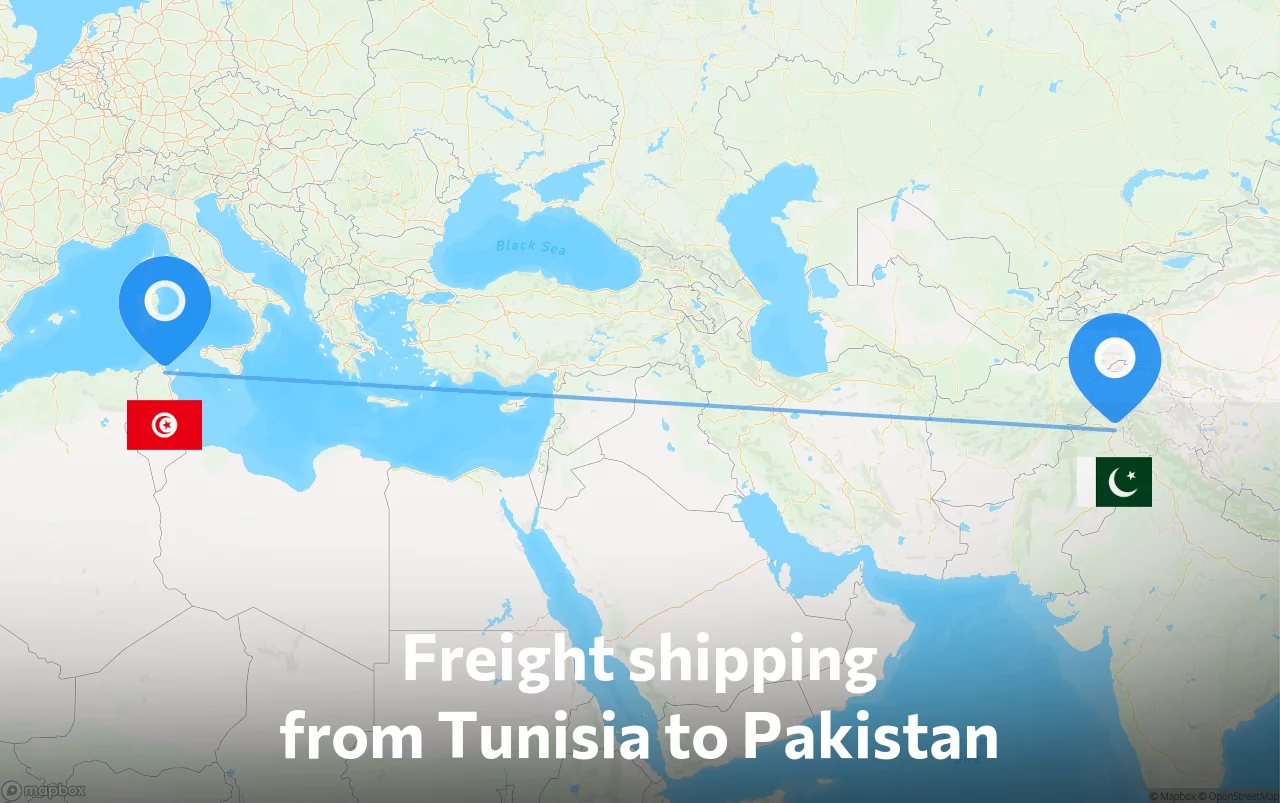 Shipping route from Tunisia to Pakistan