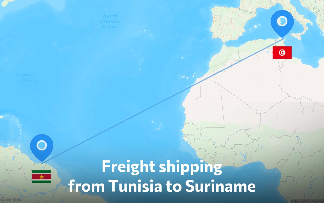 Shipping route from Tunisia to Suriname