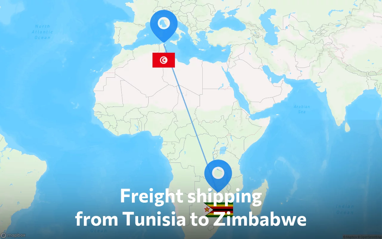 Shipping route from Tunisia to Zimbabwe