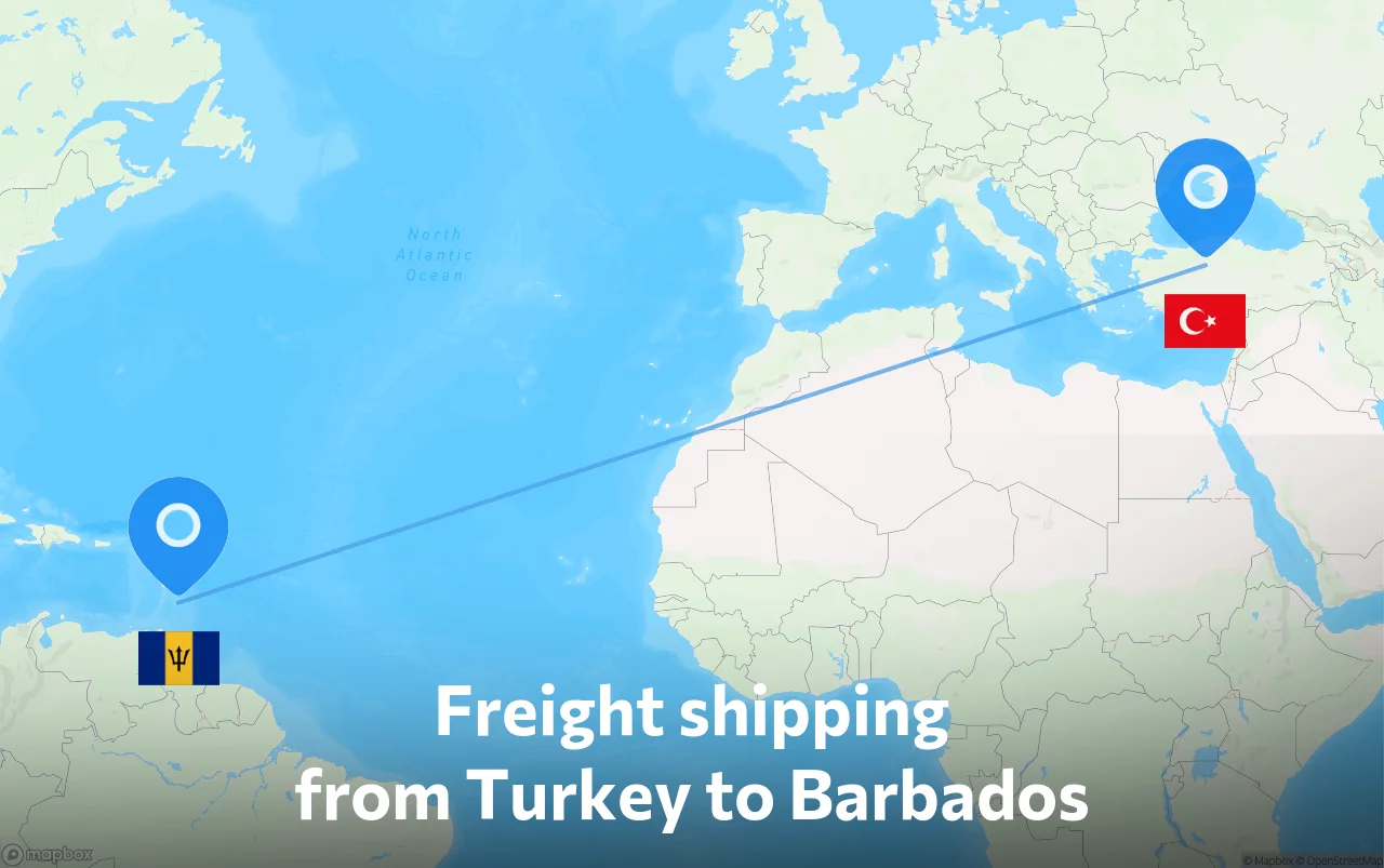 Shipping route from Turkey to Barbados