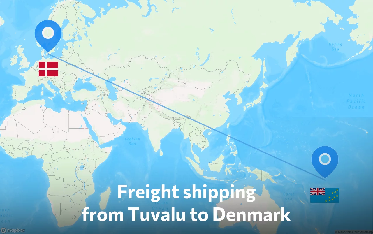 Shipping route from Tuvalu to Denmark