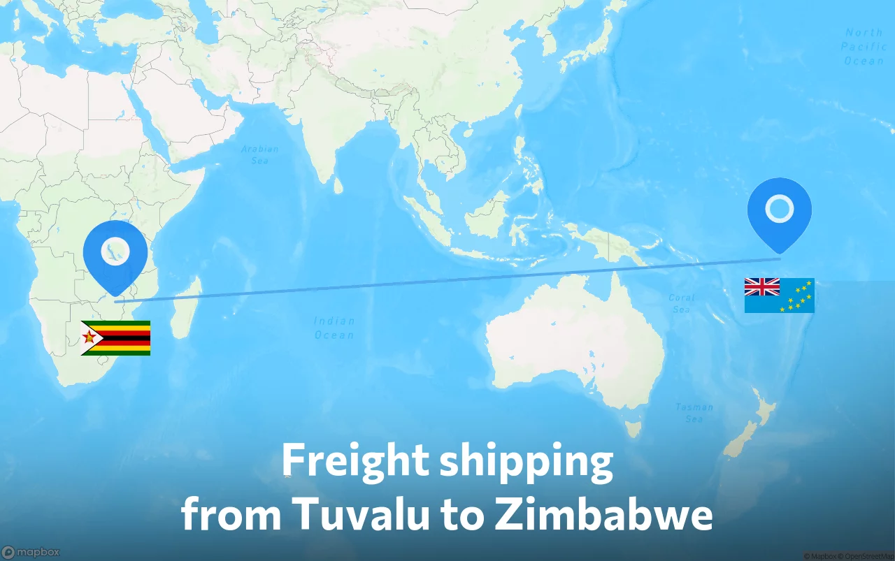 Shipping route from Tuvalu to Zimbabwe