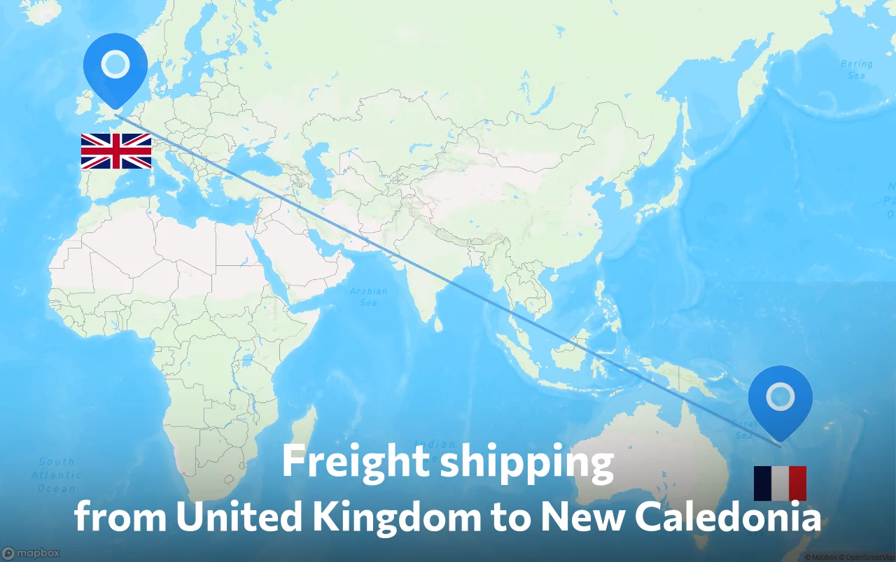 Shipping route from United Kingdom to New Caledonia