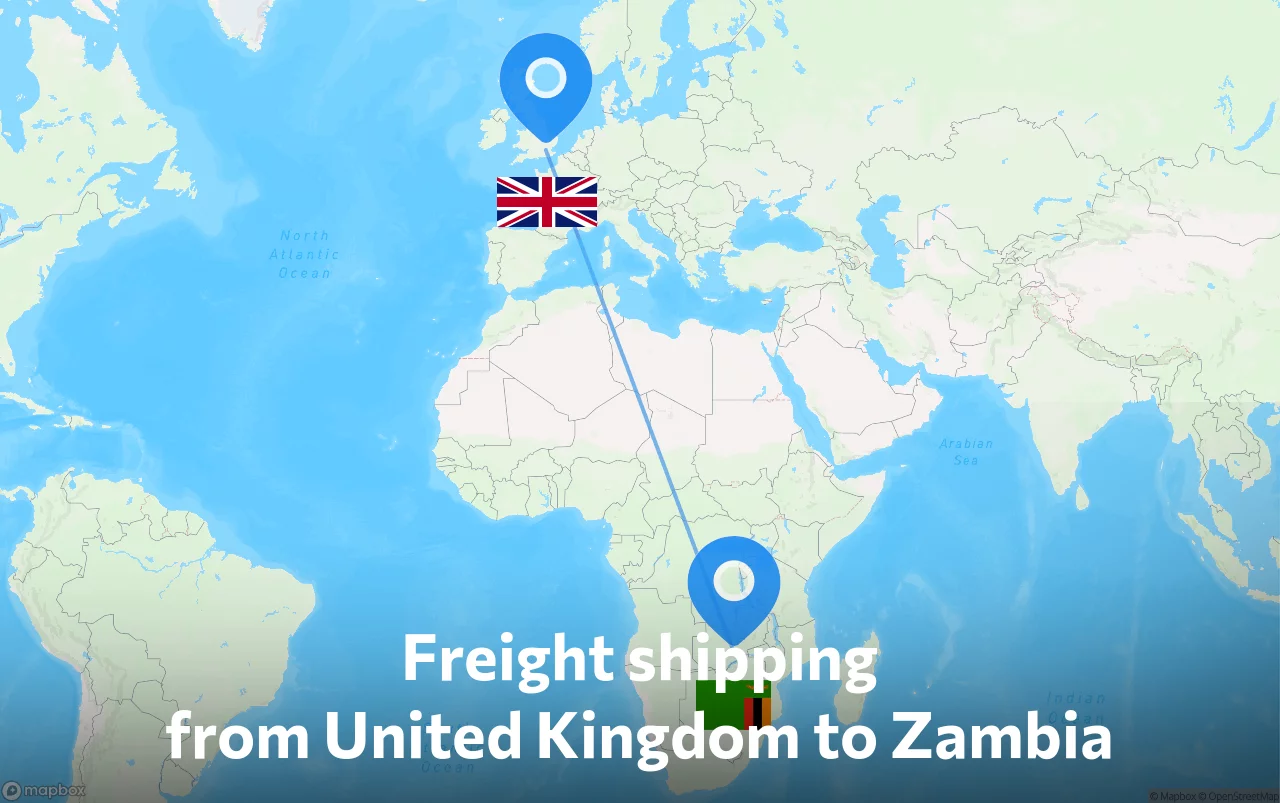 Shipping route from United Kingdom to Zambia