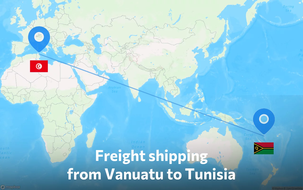 Shipping route from Vanuatu to Tunisia