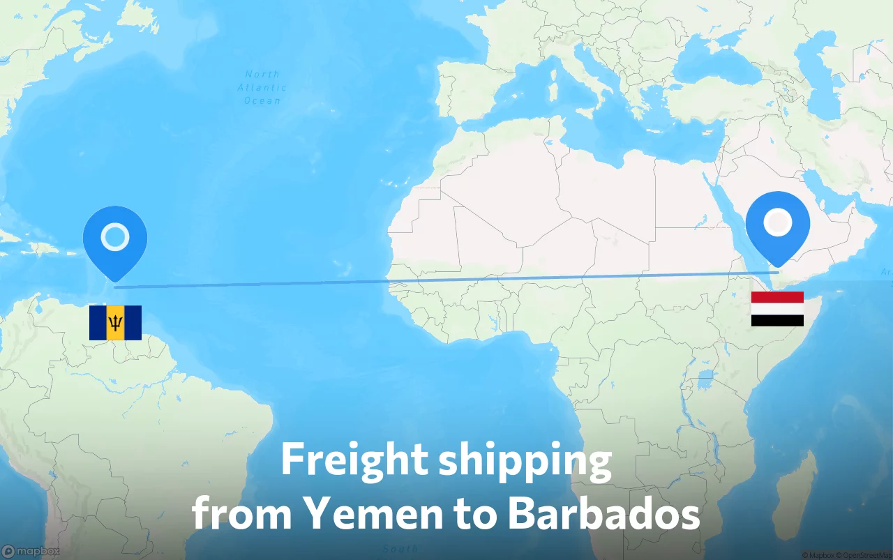 Shipping route from Yemen to Barbados