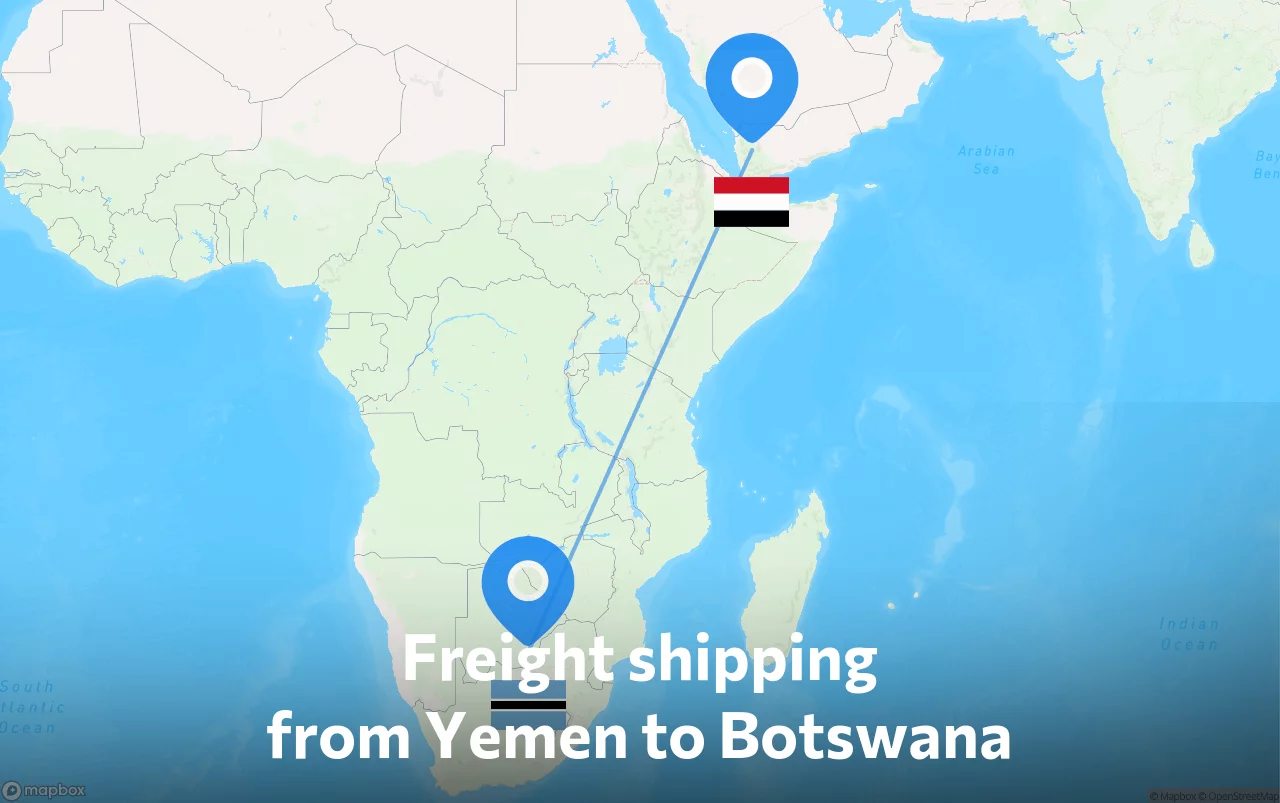 Shipping route from Yemen to Botswana