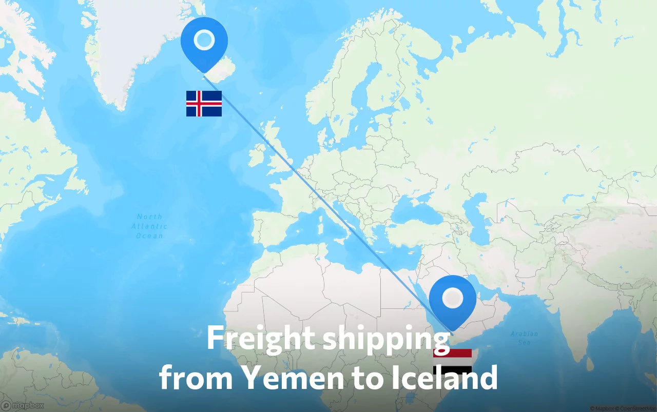 Shipping route from Yemen to Iceland