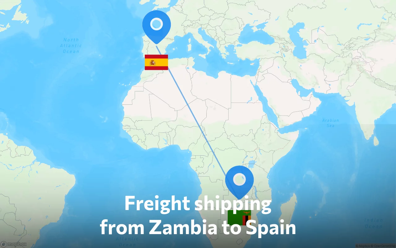 Shipping route from Zambia to Spain