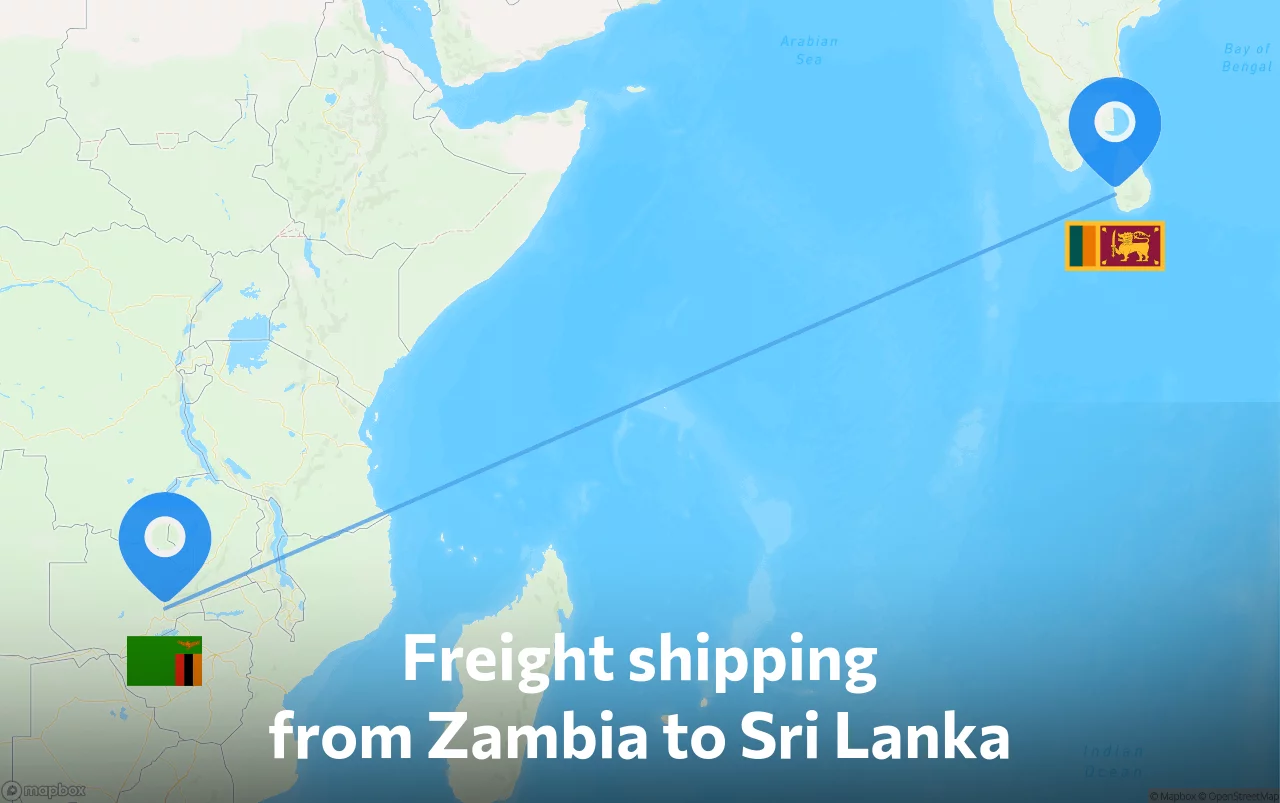 Shipping route from Zambia to Sri Lanka