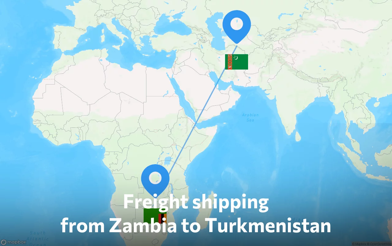 Shipping route from Zambia to Turkmenistan