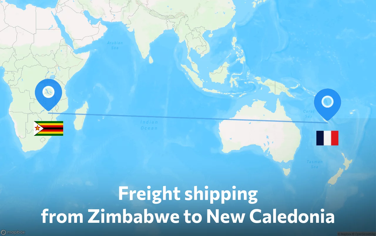 Shipping route from Zimbabwe to New Caledonia